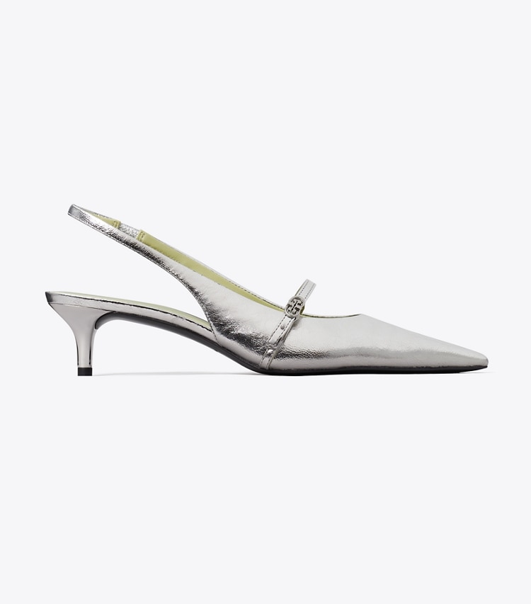 Tory Burch diseñador tacones Zapato con tira trasera Mary Jane con hebilla doble T en SILVER lateral