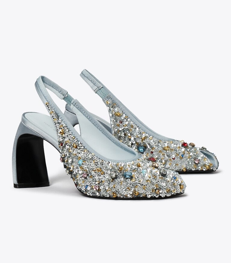 Tory Burch diseñador tacones Zapato con tira trasera y puntera abierta en MULTI STONE ángulo