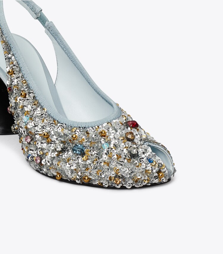 Tory Burch diseñador tacones Zapato con tira trasera y puntera abierta en MULTI STONE detalle