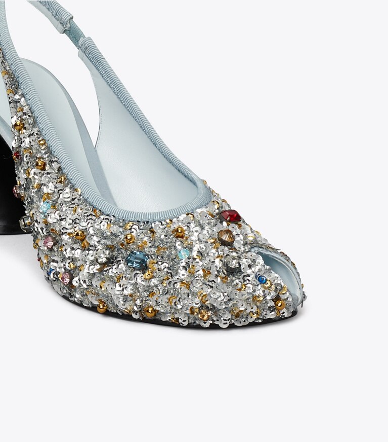 Tory Burch diseñador tacones Zapato con tira trasera y puntera abierta en MULTI STONE detalle