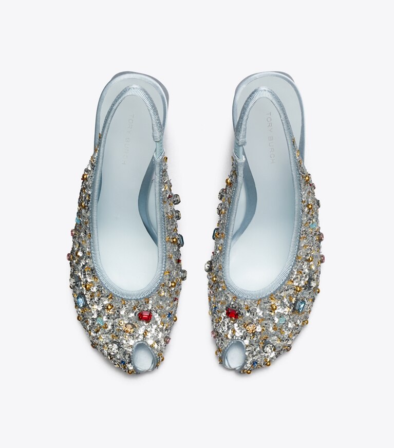 Tory Burch diseñador tacones Zapato con tira trasera y puntera abierta en MULTI STONE vista superior