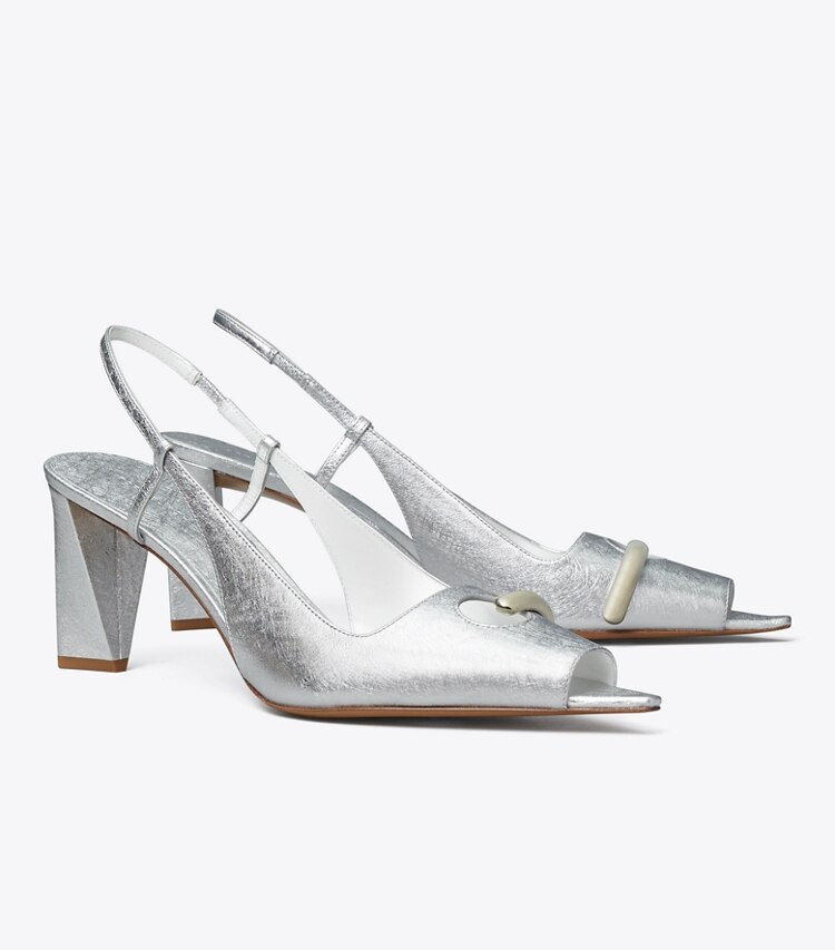 Tory Burch diseñador tacones Zapato con tira trasera y puntera abierta Pierced en BRIGHT SILVER / SILVER ángulo