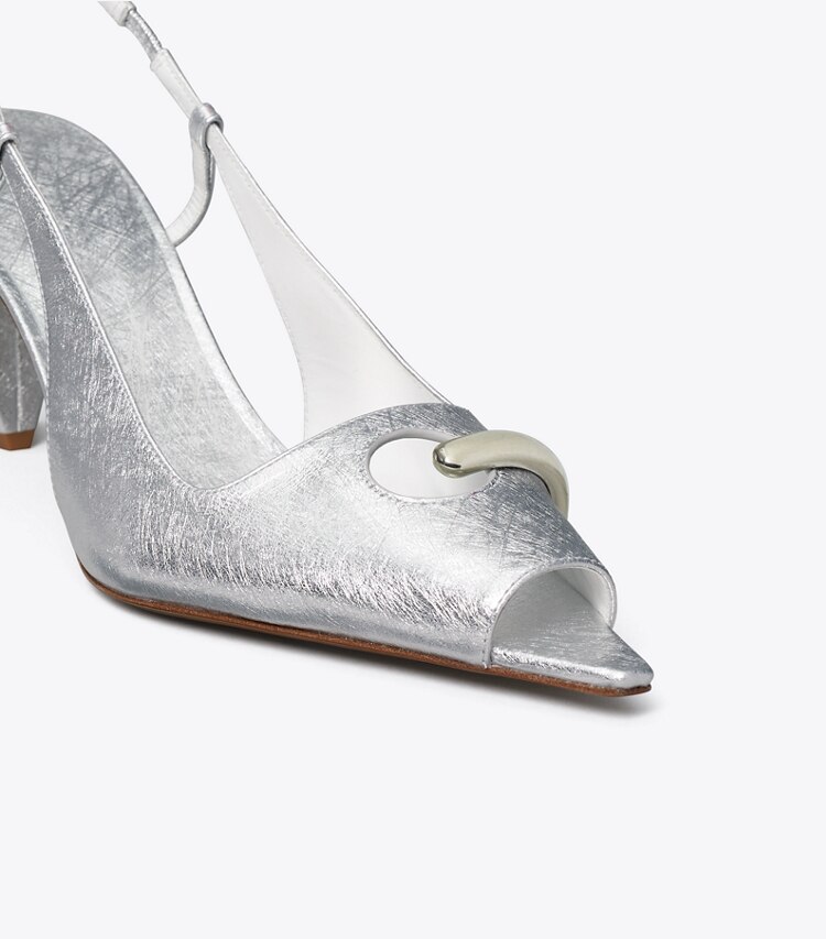 Tory Burch diseñador tacones Zapato con tira trasera y puntera abierta Pierced en BRIGHT SILVER / SILVER detalle