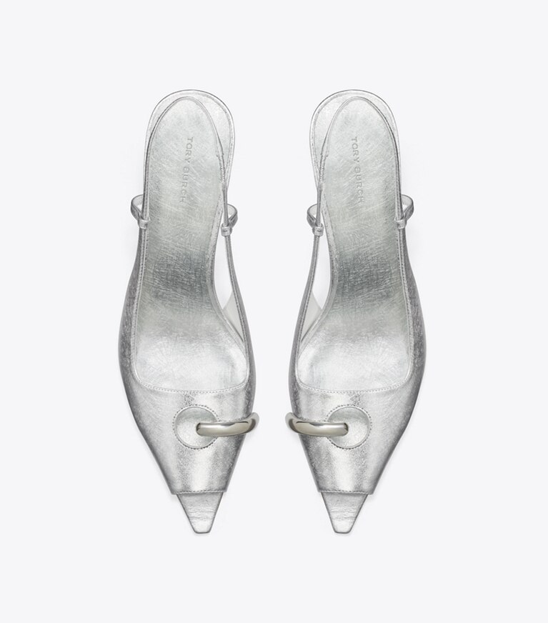 Tory Burch diseñador tacones Zapato con tira trasera y puntera abierta Pierced en BRIGHT SILVER / SILVER vista superior