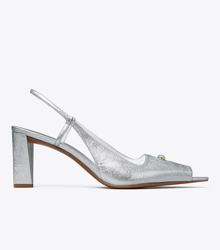 Tory Burch diseñador tacones Zapato con tira trasera y puntera abierta Pierced en BRIGHT SILVER / SILVER lateral