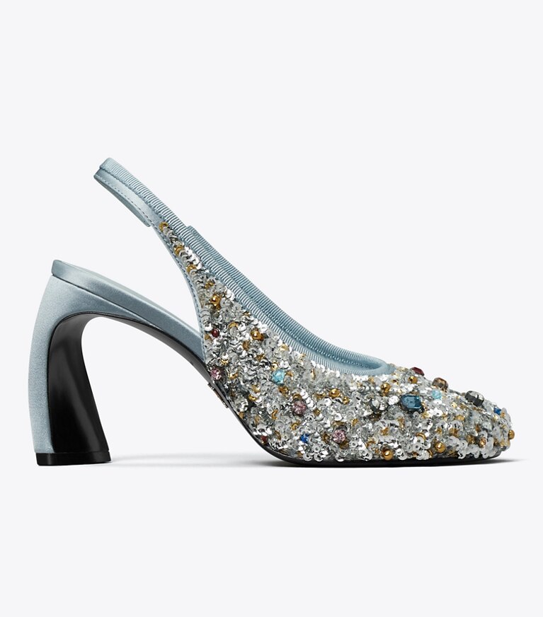 Tory Burch diseñador tacones Zapato con tira trasera y puntera abierta en MULTI STONE lateral