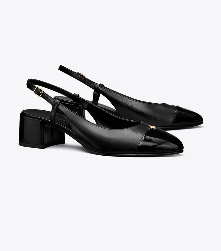Tory Burch diseñador tacones Zapato con tira trasera y puntera en PERFECT BLACK / PERFECT BLACK ángulo