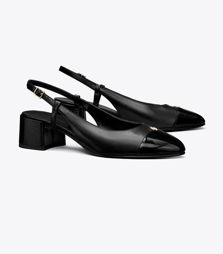 Tory Burch diseñador tacones Zapato con tira trasera y puntera en PERFECT BLACK / PERFECT BLACK ángulo