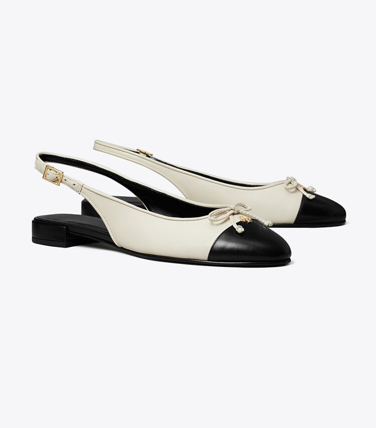 Tory Burch diseñador zapatos planos Zapato con tira trasera y puntera en LIGHT CREAM / PERFECT BLACK ángulo