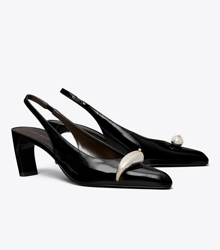 Tory Burch diseñador tacones Zapato con tira trasera y tacones Pierced en PERFECT BLACK / SILVER ángulo