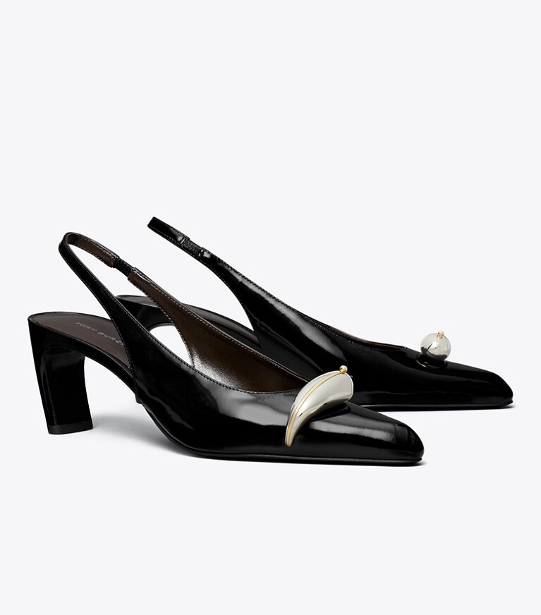 Tory Burch diseñador tacones Zapato con tira trasera y tacones Pierced en PERFECT BLACK / SILVER ángulo
