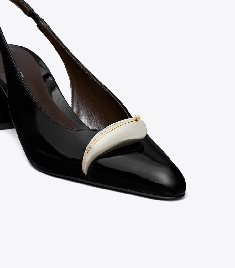 Tory Burch diseñador tacones Zapato con tira trasera y tacones Pierced en PERFECT BLACK / SILVER detalle