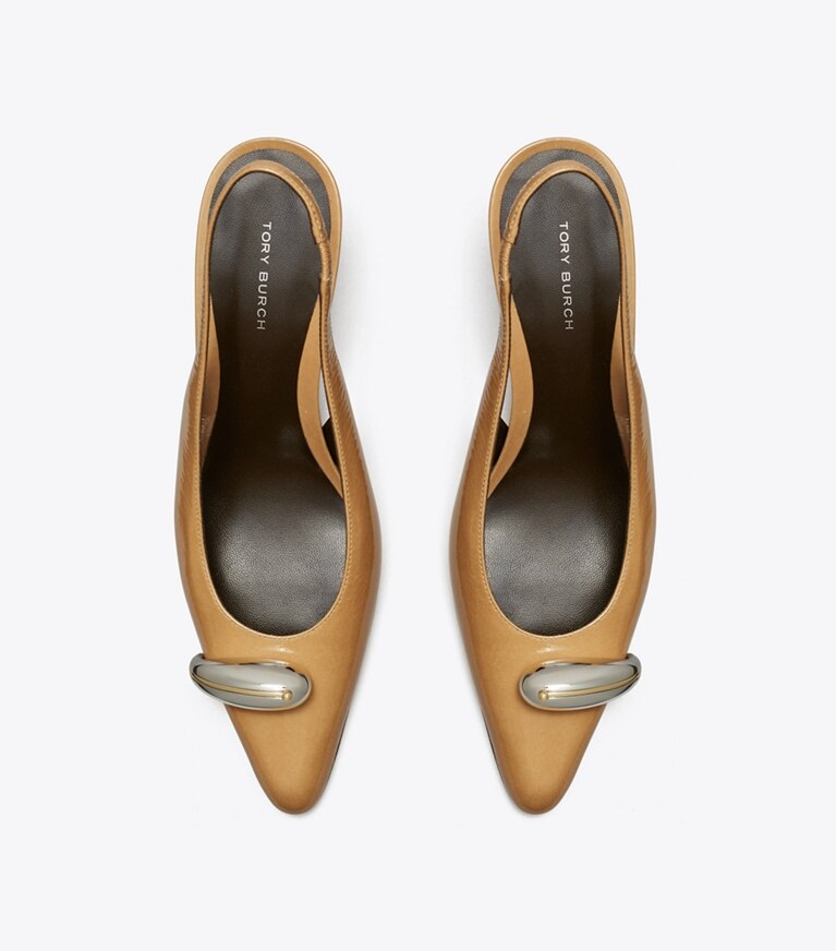 Tory Burch diseñador tacones Zapato con tira trasera y tacones Pierced en BISCOTTI / SILVER vista superior