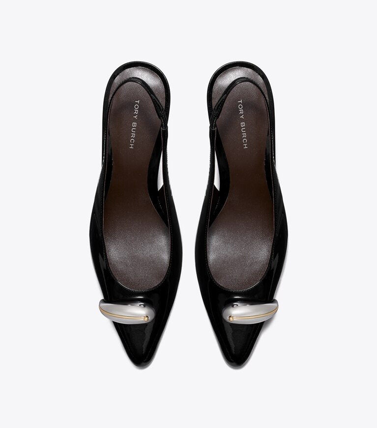 Tory Burch diseñador tacones Zapato con tira trasera y tacones Pierced en PERFECT BLACK / SILVER vista superior
