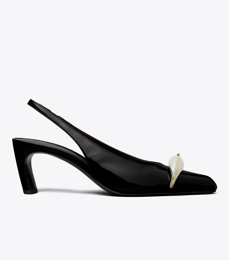 Tory Burch diseñador tacones Zapato con tira trasera y tacones Pierced en PERFECT BLACK / SILVER lateral