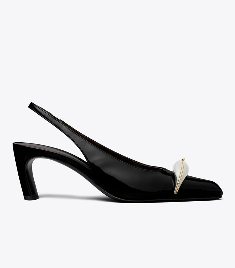 Tory Burch diseñador tacones Zapato con tira trasera y tacones Pierced en PERFECT BLACK / SILVER lateral