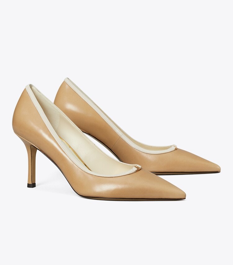 Tory Burch diseñador tacones Zapato de salón con hebilla doble T en CANTUCCI / LIGHT CREAM ángulo