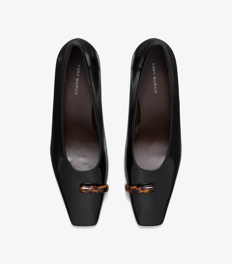 Tory Burch diseñador tacones Zapato de salón Pierced en PERFECT BLACK / TORTOISE desde arriba