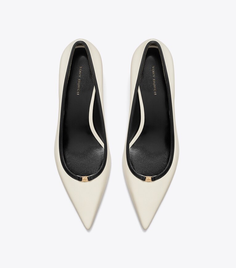 Tory Burch diseñador tacones Zapato de tacón bajo con hebilla doble T en LIGHT CREAM / PERFECT BLACK vista superior