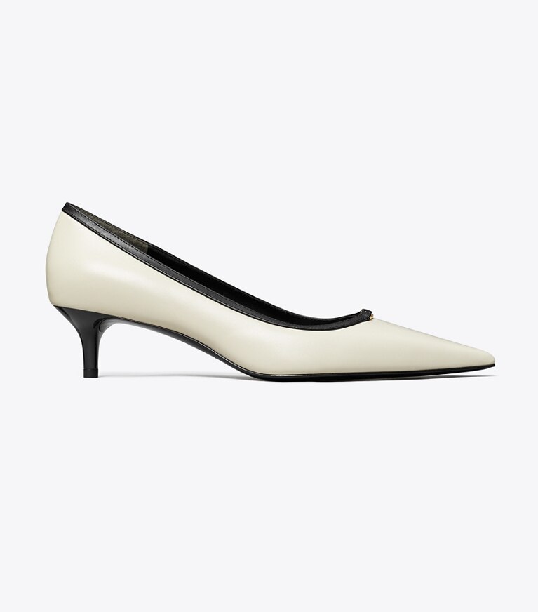 Tory Burch diseñador tacones Zapato de tacón bajo con hebilla doble T en LIGHT CREAM / PERFECT BLACK lateral