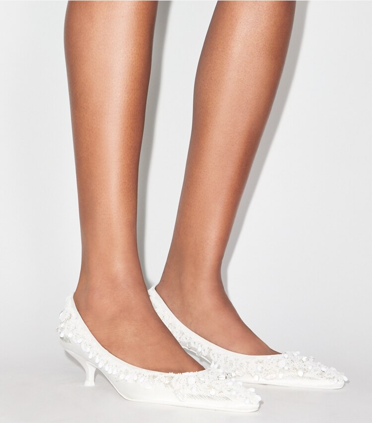Tory Burch diseñador tacones Zapato de tacón con cuentas en NEW IVORY accesorio en modelo