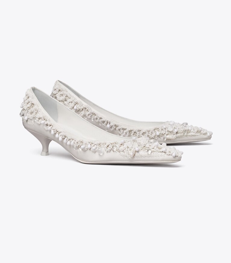 Tory Burch diseñador tacones Zapato de tacón con cuentas en NEW IVORY ángulo
