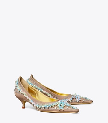 Tory Burch diseñador tacones Zapato de tacón con cuentas en BRONZE SUN ángulo