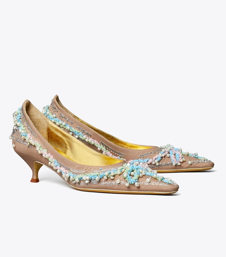 Tory Burch diseñador tacones Zapato de tacón con cuentas en BRONZE SUN ángulo