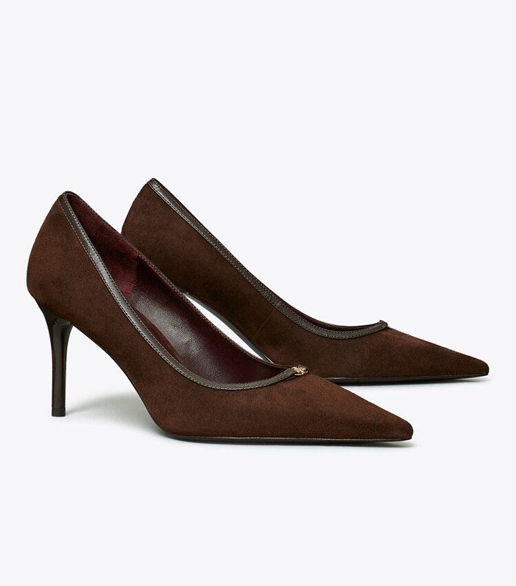 Tory Burch diseñador tacones Zapato de tacón con hebilla doble T en DARK COCOA / DARK COCOA ángulo