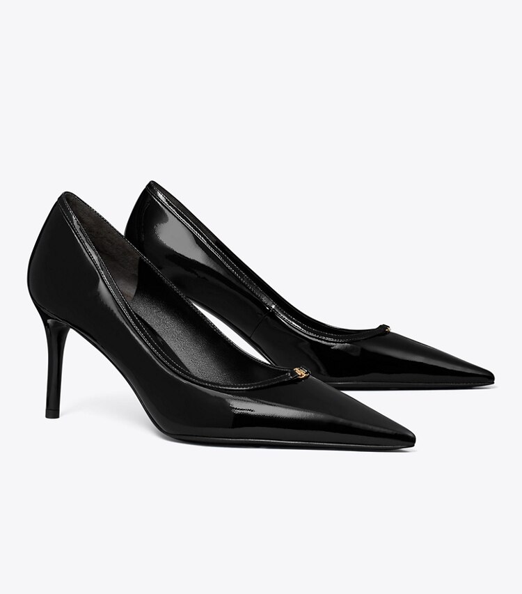 Tory Burch diseñador tacones Zapato de tacón con hebilla doble T en PERFECT BLACK ángulo