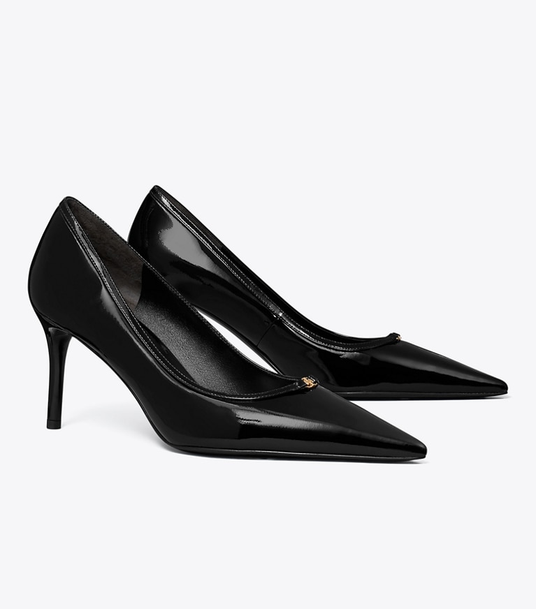Tory Burch diseñador tacones Zapato de tacón con hebilla doble T en PERFECT BLACK ángulo