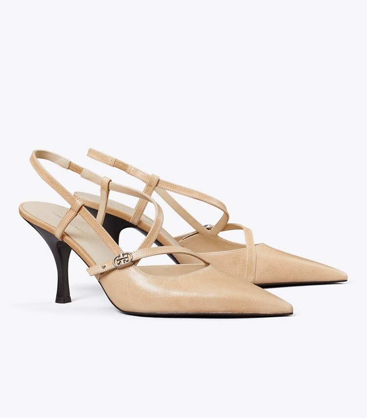 Tory Burch diseñador tacones Zapato de tacón con hebilla doble T en SAND ángulo
