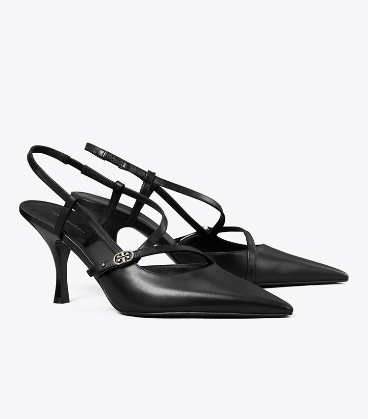 Tory Burch diseñador tacones Zapato de tacón con hebilla doble T en PERFECT BLACK ángulo