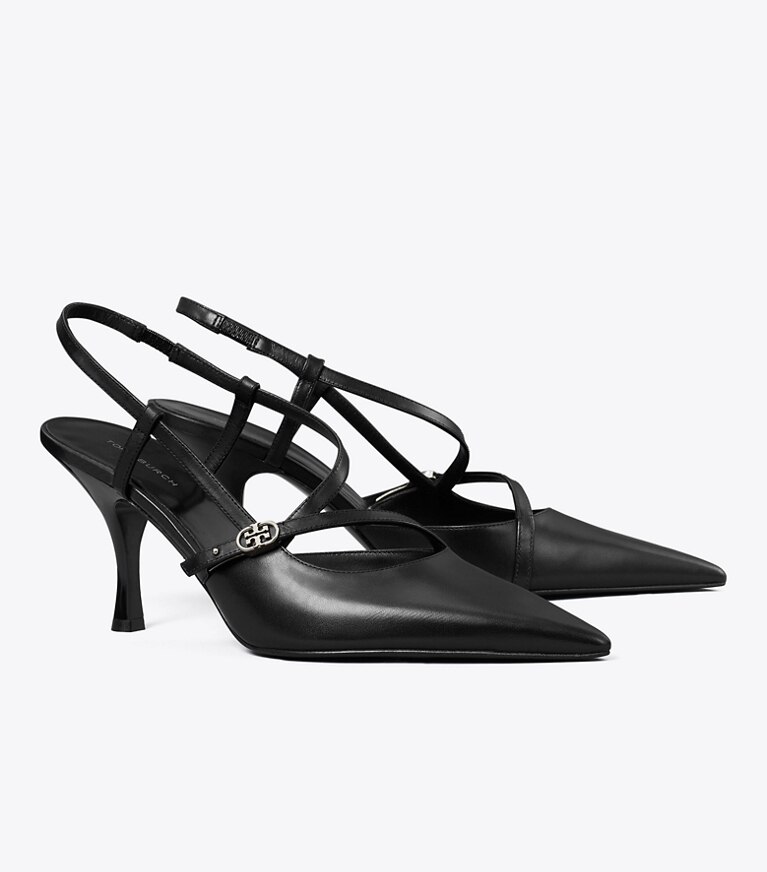 Tory Burch diseñador tacones Zapato de tacón con hebilla doble T en PERFECT BLACK ángulo