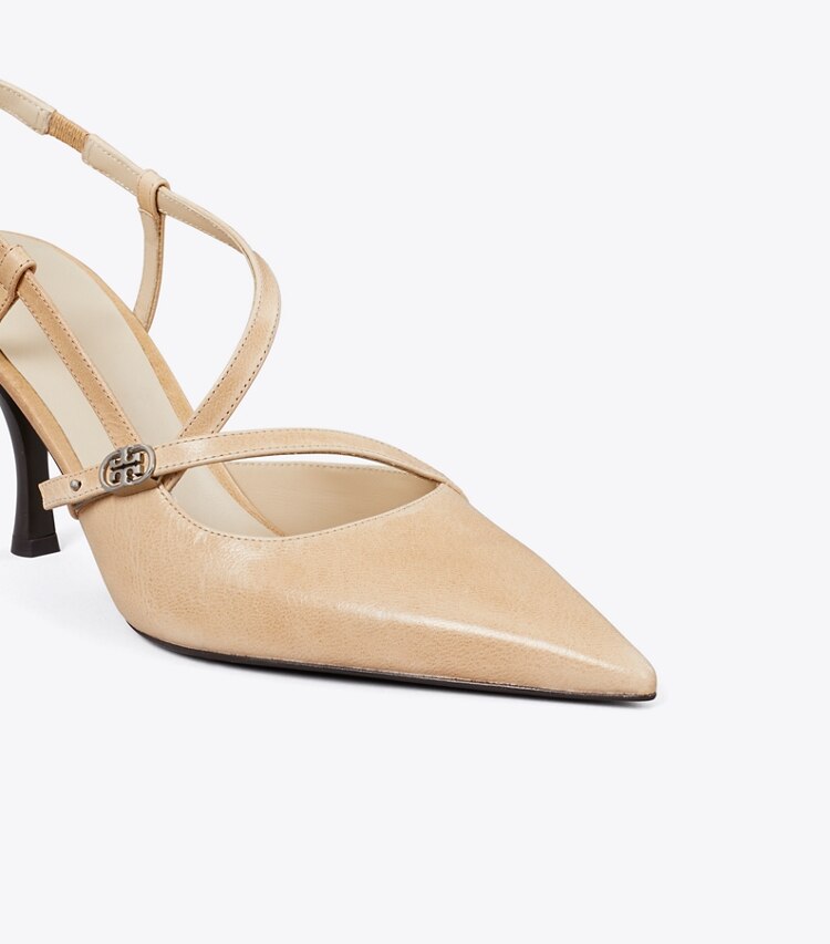 Tory Burch diseñador tacones Zapato de tacón con hebilla doble T en SAND detalle