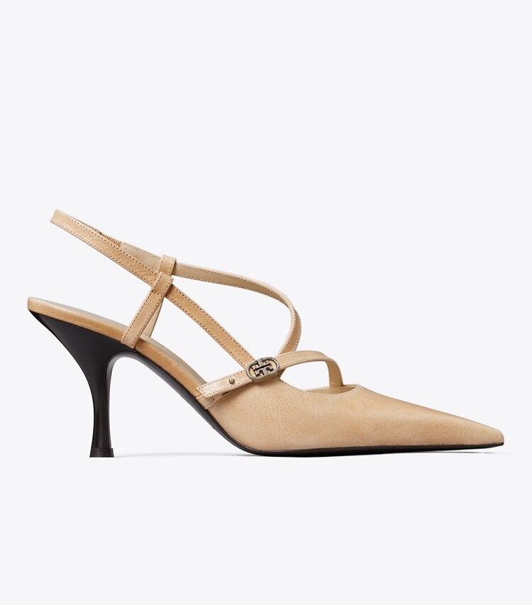 Tory Burch diseñador tacones Zapato de tacón con hebilla doble T en SAND lateral