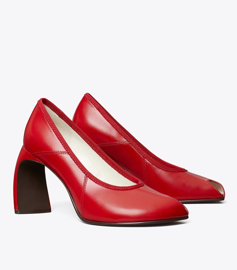 Tory Burch diseñador tacones Zapato de tacón con puntera abierta en RED SKY ángulo