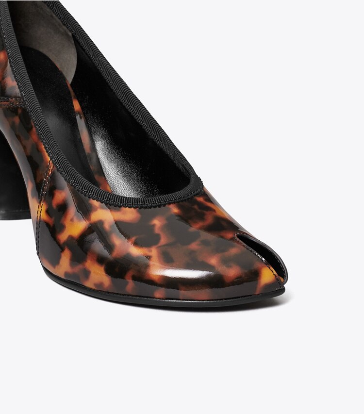 Tory Burch diseñador tacones Zapato de tacón con puntera abierta en TORTOISESHELL detalle