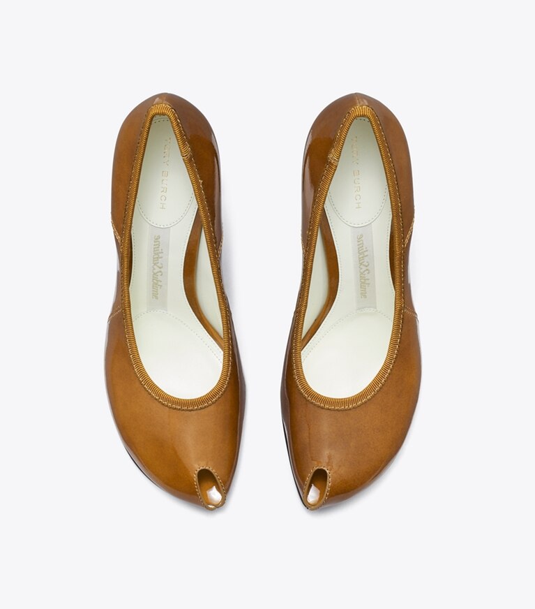 Tory Burch diseñador tacones Zapato de tacón con puntera abierta en CARAMEL TAN vista superior