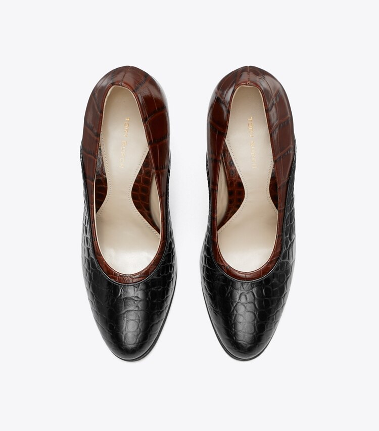 Tory Burch diseñador tacones Zapato de tacón de pasarela en RICH MAHOGANY / PERFECT BLACK vista superior