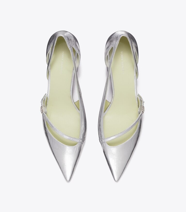 Tory Burch diseñador tacones Zapato de tacón D'Orsay con hebilla doble T en SILVER vista superior