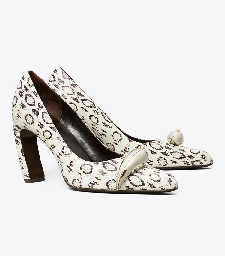 Tory Burch diseñador tacones Zapato de tacón Pierced en BLACK / WHITE ROCCIA / SILVER ángulo