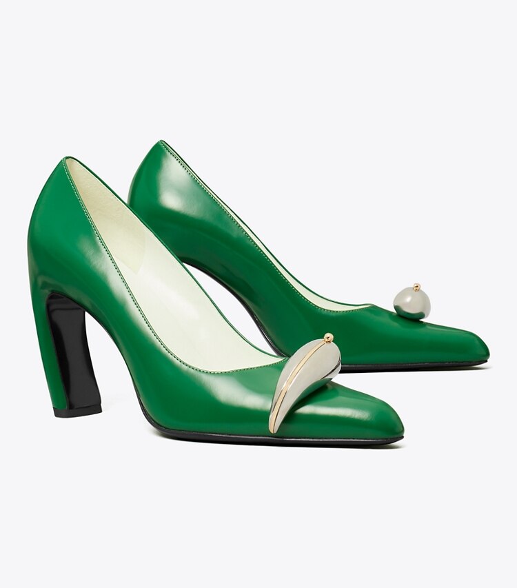 Tory Burch diseñador tacones Zapato de tacón Pierced en GRASS / SILVER ángulo