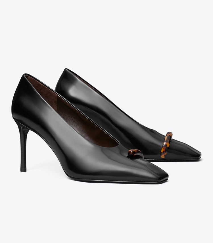 Tory Burch diseñador tacones Zapato de tacón Pierced en PERFECT BLACK / TORTOISE ángulo