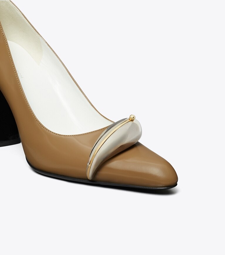Tory Burch diseñador tacones Zapato de tacón Pierced en SOFT ACORN / SILVER detalle