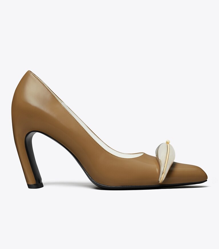 Tory Burch diseñador tacones Zapato de tacón Pierced en SOFT ACORN / SILVER lateral