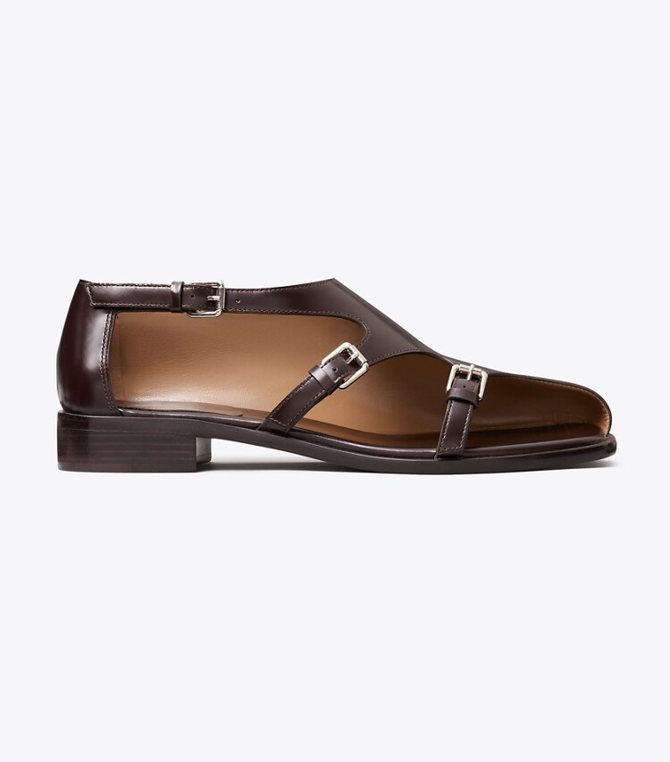 Tory Burch diseñador zapatos planos Zapato Monk strap con múltiples hebillas en DARK UMBER lateral