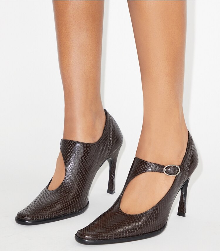 Tory Burch diseñador tacones Zapato Monk Strap con taco, tiras y hebillas en CHOCOLATE accesorio en modelo
