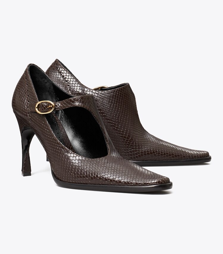 Tory Burch diseñador tacones Zapato Monk Strap con taco, tiras y hebillas en CHOCOLATE ángulo