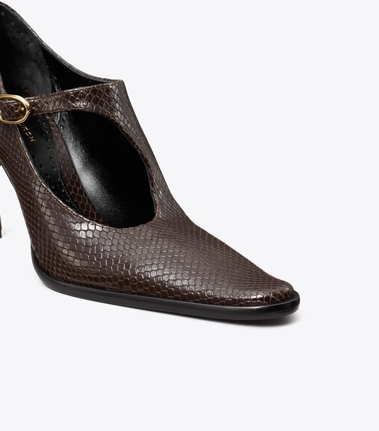 Tory Burch diseñador tacones Zapato Monk Strap con taco, tiras y hebillas en CHOCOLATE detalle